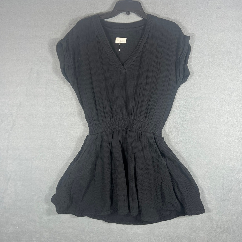 Lou & Grey Womens Dress Size S Black Solid Gauze Mini V-Neck Cap Sleeve Pocket
